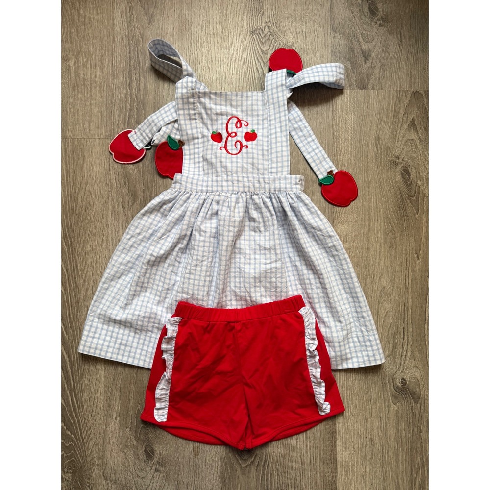 Little Bear Smocks Girls Gingham Apple Monogram E Dress and Shorts Set Size 7
